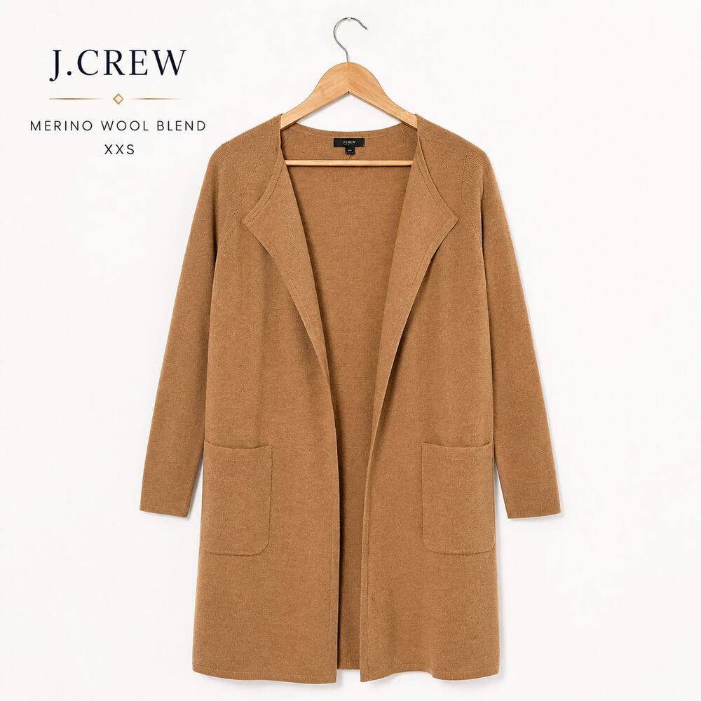 J.Crew XXS Merino Wool Blend Open Front Long Cardigan Sweater Camel Tan